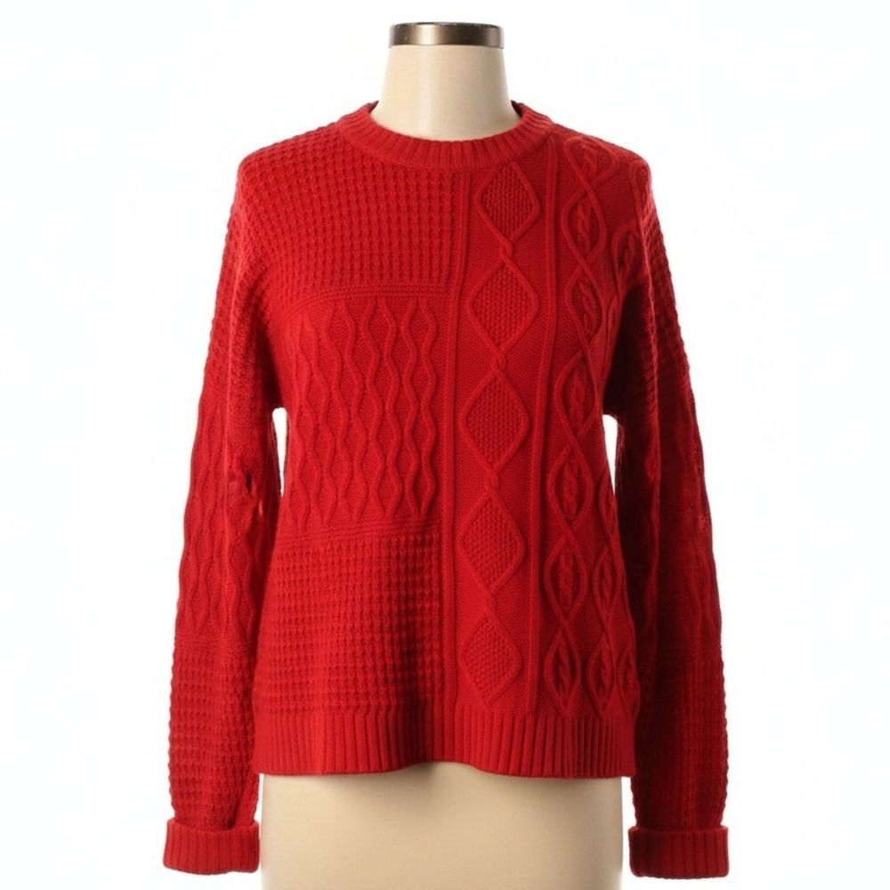 Womens Red Patchwork Cable Knit Texture Sweater X… - image 1